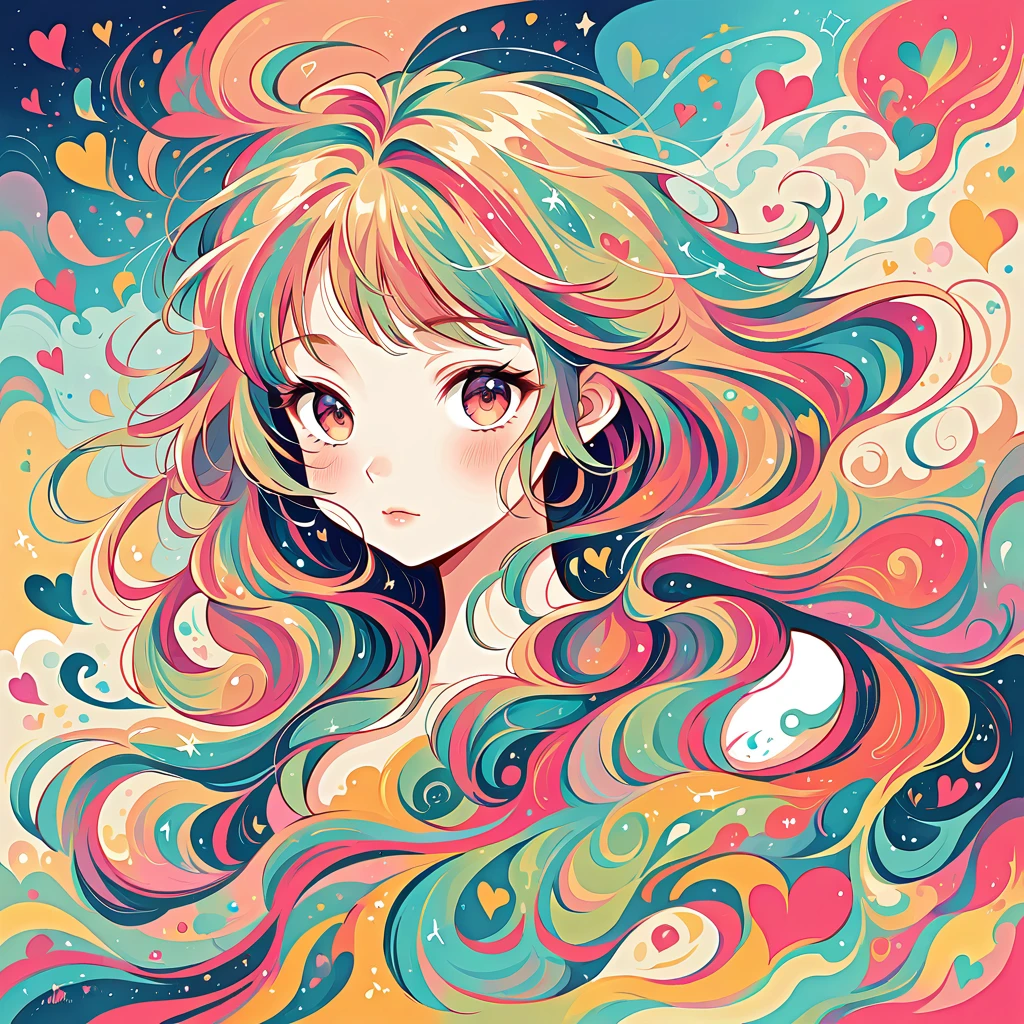 Mai Yoneyama style, Simple Line Initialism，Abstract art，Urban Background, colorful hearts ,(((The most beautiful girl of all time))),