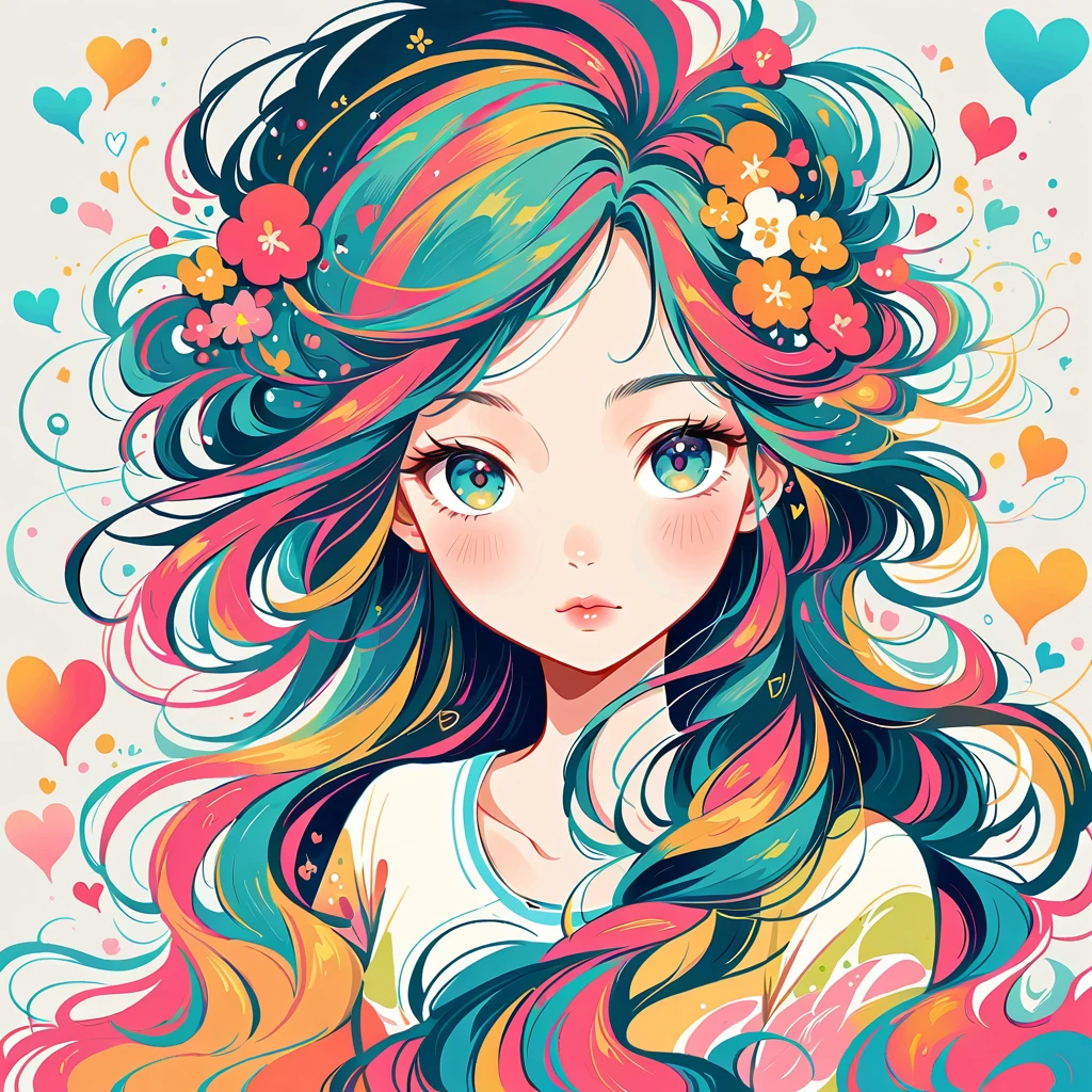 Mai Yoneyama style, Simple Line Initialism,Abstract art,Urban Background, colorful hearts ,(((The most beautiful girl of all time))),