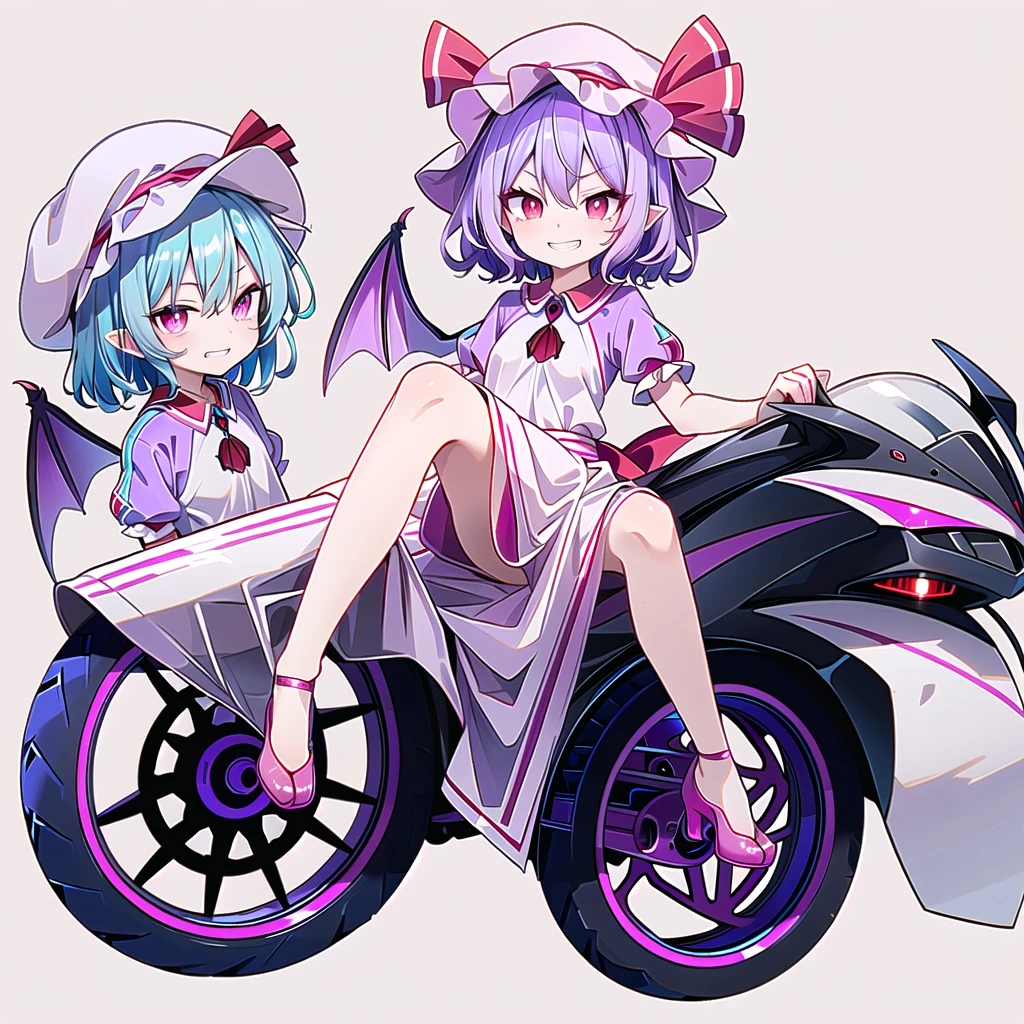 (((remilia scarlet))),(touhou),((red eyes)),(((short hair,purple hair,light purple hair,blue hair))),(((slit pupils))),(((white headwear,pink headwear, mob cap))),(((motorcycle racing wear))),(((grin))),(((full body))),(((simple white background))),(((from front)))