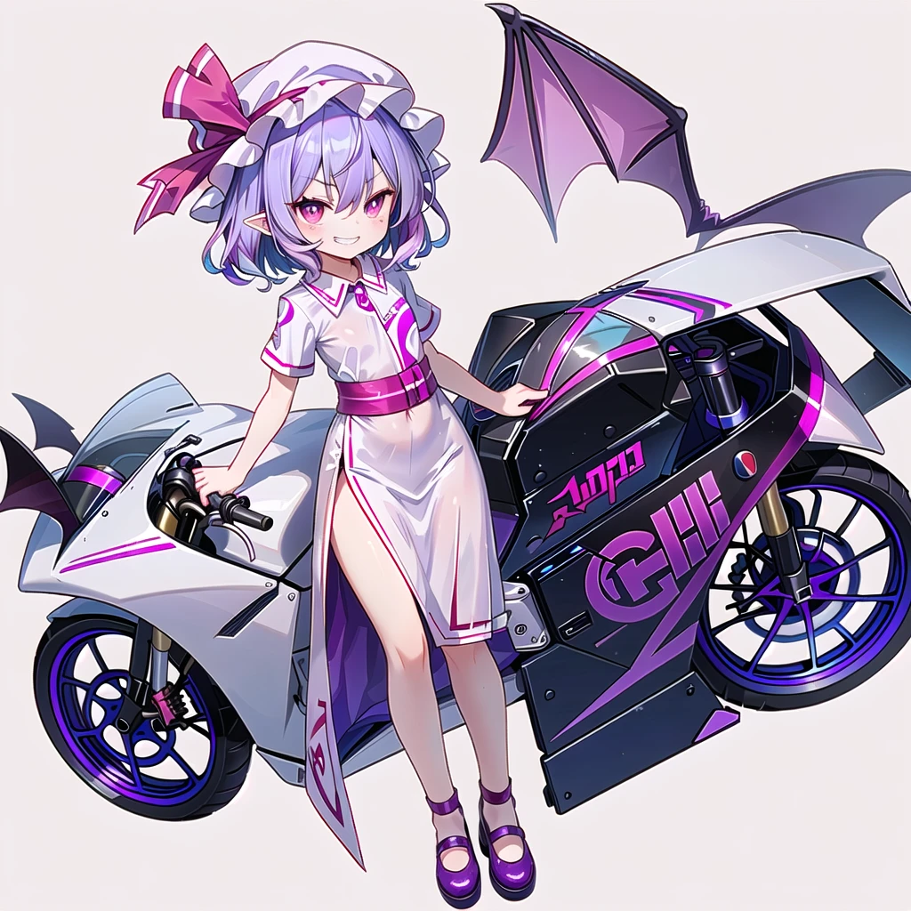 (((remilia scarlet))),(touhou),((red eyes)),(((short hair,purple hair,light purple hair,blue hair))),(((slit pupils))),(((white headwear,pink headwear, mob cap))),(((motorcycle racing wear))),(((grin))),(((full body))),(((simple white background))),(((from front)))