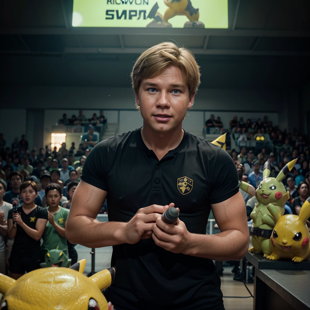 Steve irwin, 1 boy, male focus, blonde hair, holding, holding a microphone speaking to a crowd, Pikachu, Vaporeon, Jolteon and Bulbasaur are on his shoulders, in a Pokemon Gym, specular highlights, detailed face, detailed eyes,
Logo Pi Network, Pi Network Team