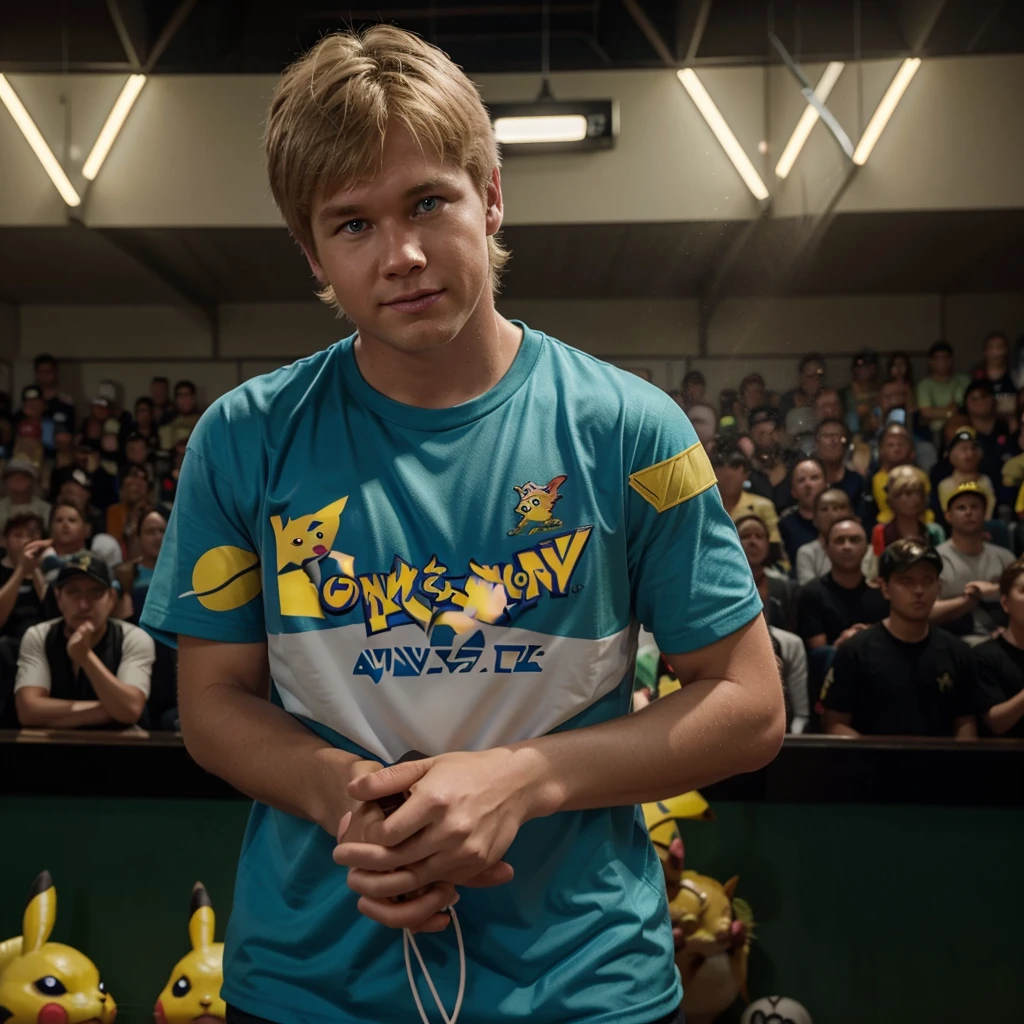 Steve irwin, 1 boy, male focus, blonde hair, holding, holding a microphone speaking to a crowd, Pikachu, Vaporeon, Jolteon and Bulbasaur are on his shoulders, in a Pokemon Gym, specular highlights, detailed face, detailed eyes,
Logo Pi Network, Pi Network Team