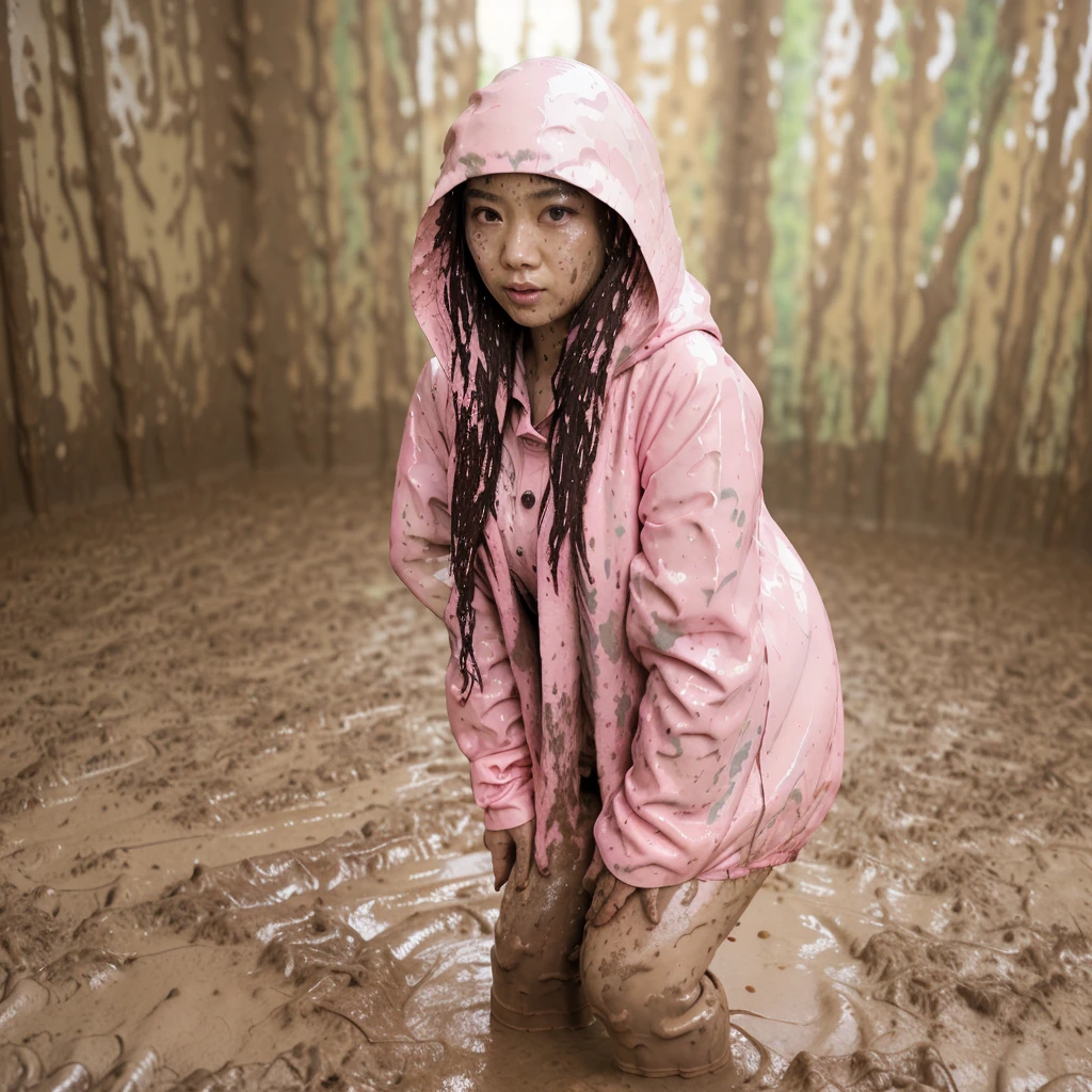 asian lady, cute pose, ((pink buttoned up raincoat)), ((wearing raincoat hood)), tall pink rain boots, ((((muddy splatters)))), ((mud dripping down raincoat)), intricate details, highly detailed, masterpiece, 8k, photorealistic, cinematic lighting, vibrant colors, soft focus, elegant, feminine, beautiful, serene, graceful