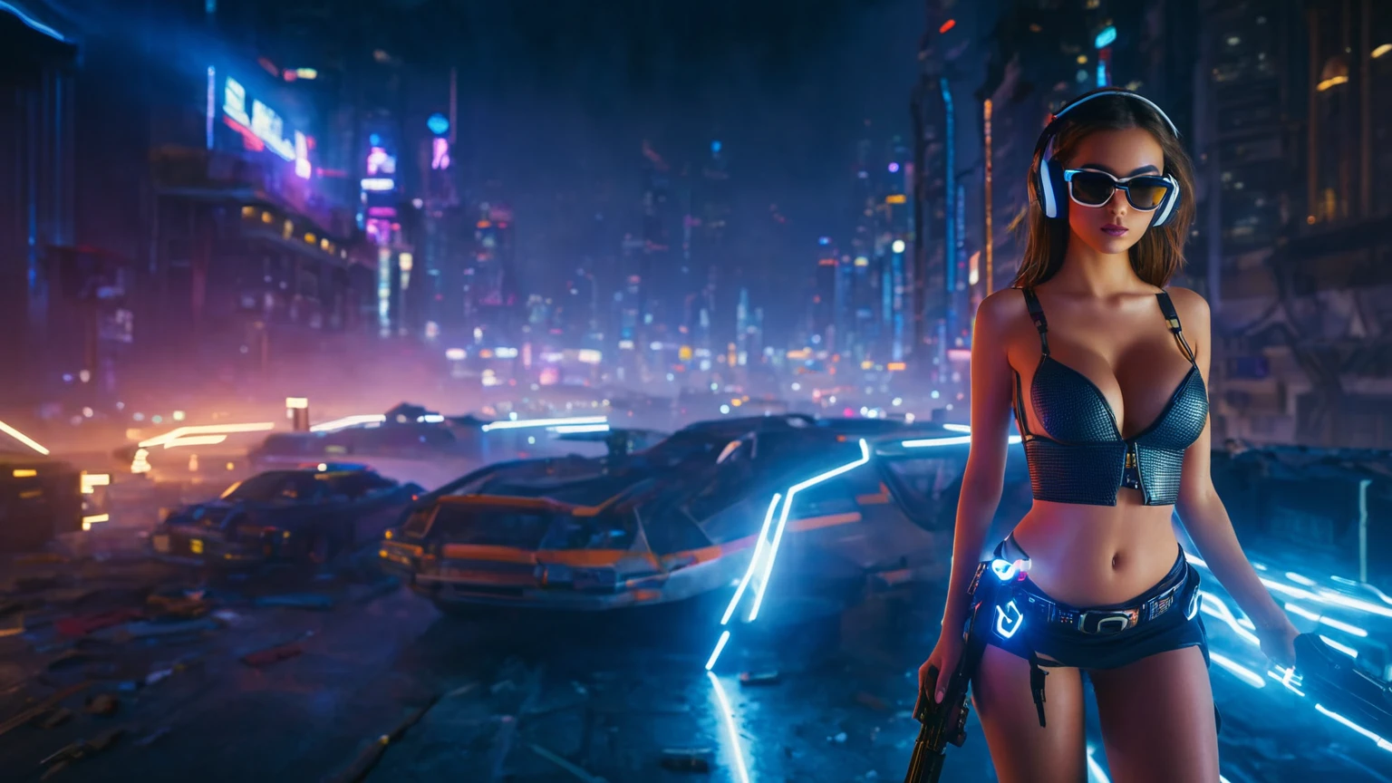 dark futuristic landscape, at night, neon lights, Atmospheric fog, large buildings in the background, futuristic city, streets with open shops, skyscraper (postapocalyptic city:1.3). (((1girl, solo, alone))), large-breast:1.2 slim body, cleavage:1.1, sexy miniskirt, (((headphone, black sunglasses, standing and holding pistol pose))), (((half-body thigh level medium shot))), cinematic lighting, lens flare, ray tracing.