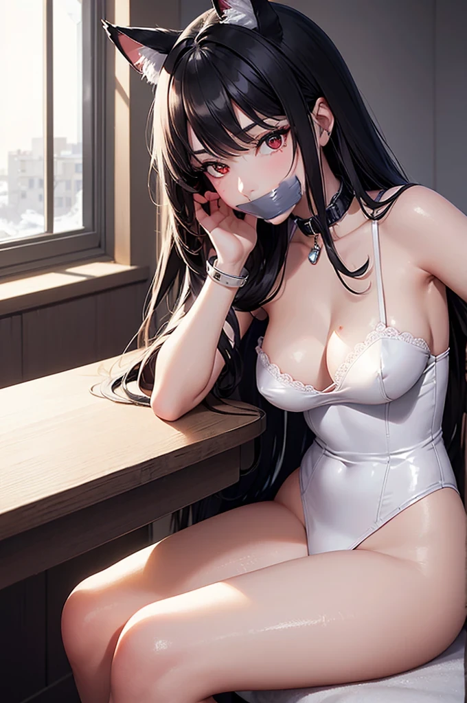 Detailed facial details，16 years old，1 girl，Red lips，Cat ear，Black long hair，Wearing snow-white latex lace bunny，Large Breasts，Slim，Handcuffs，Collar，Radiant Skin，Sitting at the table，Hospital