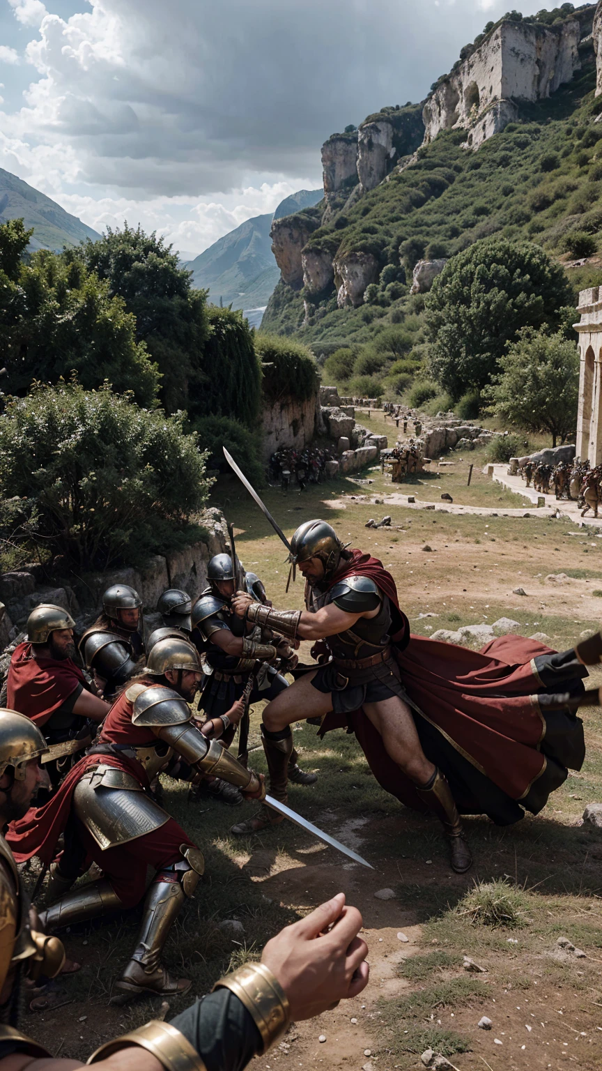 An intense, hyper-realistic sword battle between Spartans and Persians during the Battle of Thermopylae. The scene is chaotic and filled with many soldiers in view. Spartan warriors, clad in red capes and bronze helmets, are locked in fierce combat with Persian soldiers in their elaborate armor. Swords clash, shields are raised, and the ground is littered with fallen warriors. The background shows the narrow pass of Thermopylae, with rugged cliffs and a dramatic, cloudy sky. The overall ambiance is gritty and intense, capturing the ferocity and desperation of the legendary battle."