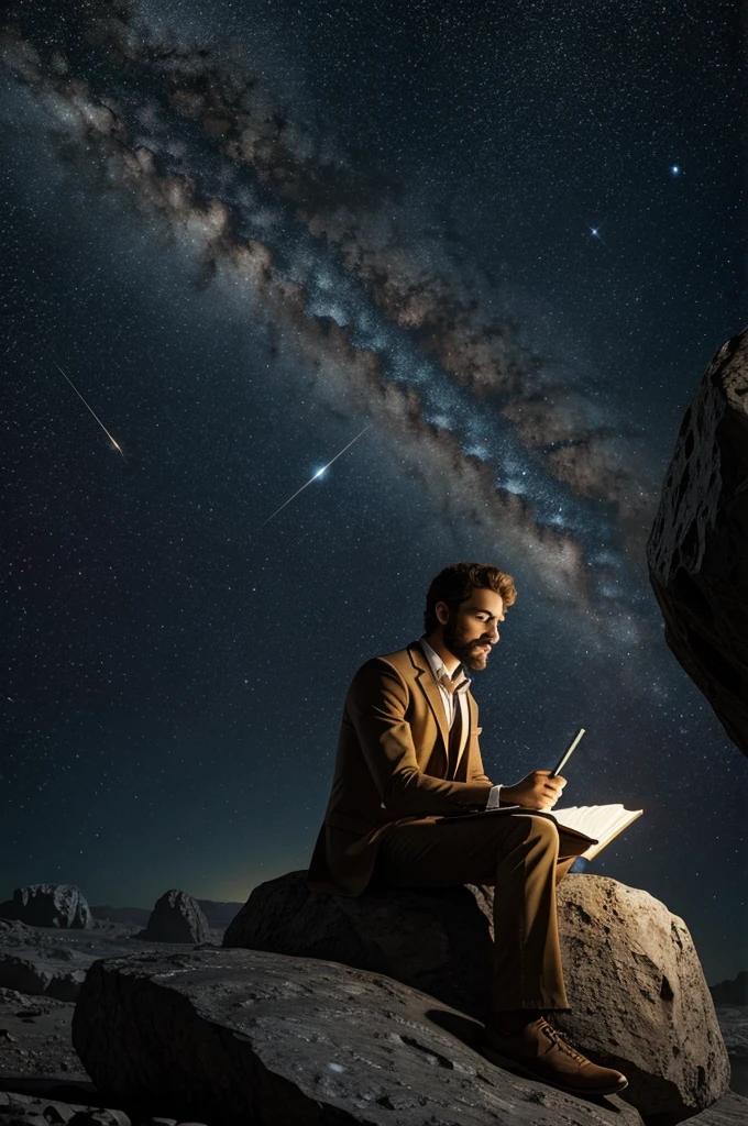 Draw a young programmer., sitting on a rock cross floating in the middle of an asteroid belt. He is studying with a notebook., surrounded by several asteroids that shine with fiery auras. Spectacular illumination of distant stars and planets illuminates the scene., casting deep shadows on the suit. The young man seems confident and determined., looking at the vast and mysterious universe with awe and respect,facial hair, cowboy shot,