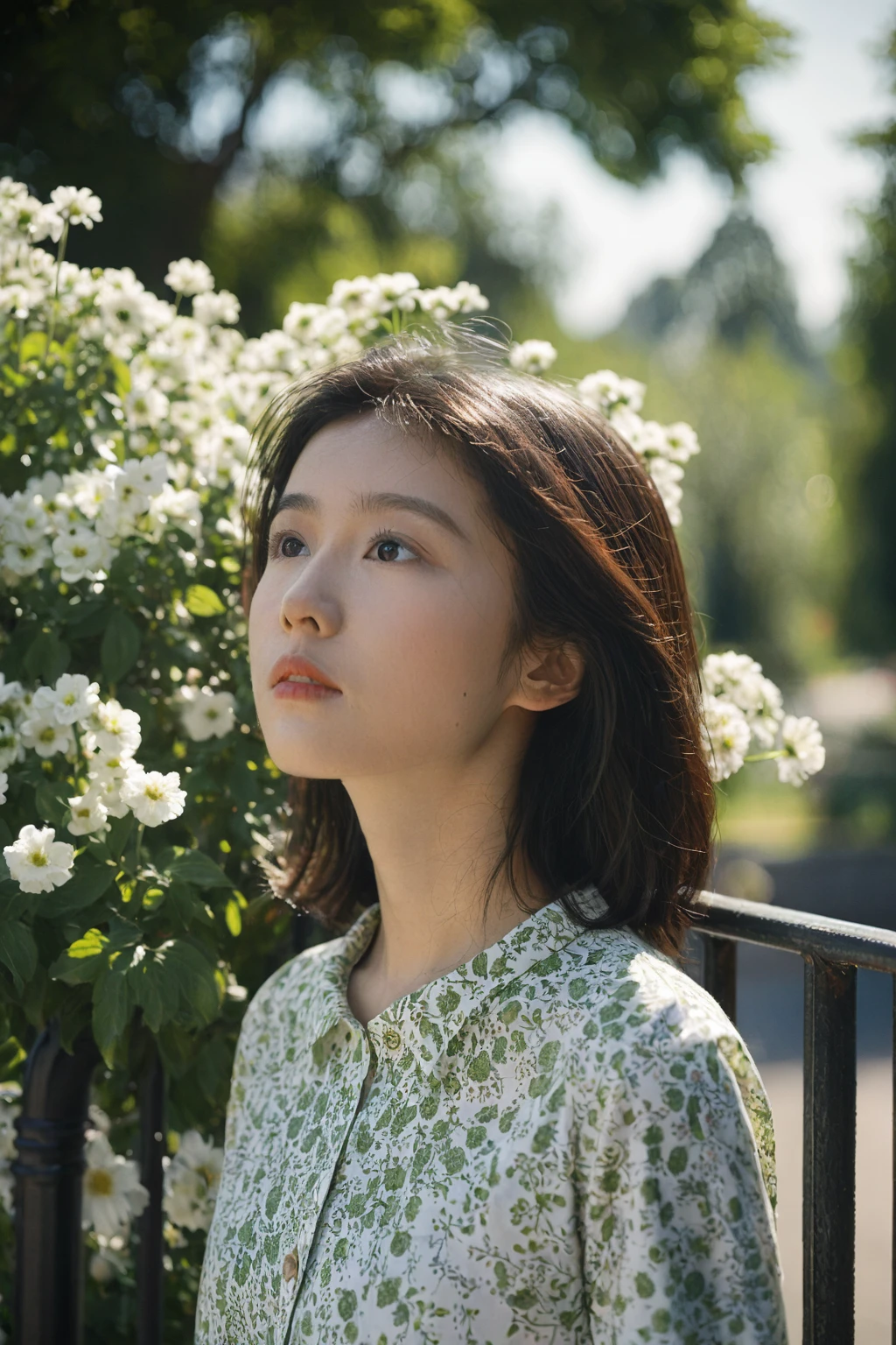 Close up Photo of a young woman standing behind a tall red railing. She rests her chin on the railing. She has short, dark hair and is wearing a shirt with a floral pattern consisting of white flowers on a dark background. The setting is outdoors during the day, with natural sunlight casting shadows on the subject. In the background, there are blurred green trees and what appears to be white vehicles. The camera angle is front-facing at eye level with the subject.