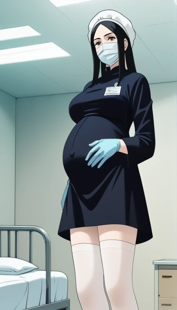 score_9, score_8_up, score_7_up, source_anime, raw image, masterpiece, highest quality, kasuganoray, pale skin, cold eyes, long black hair, big breasts, scrubs, surgical mask, bouffant cap, long sleeve maternity dress, put on another long sleeved coat, seamless, navel head, the dress isn't wrinkled, long white stockings,
1girl, pregnant, solo, long rubber gloves, looking down, look at viewer, furrowed brow, hospital bed, light shines from the ceiling, standing, patient room background, she is inquiring about the patient's condition