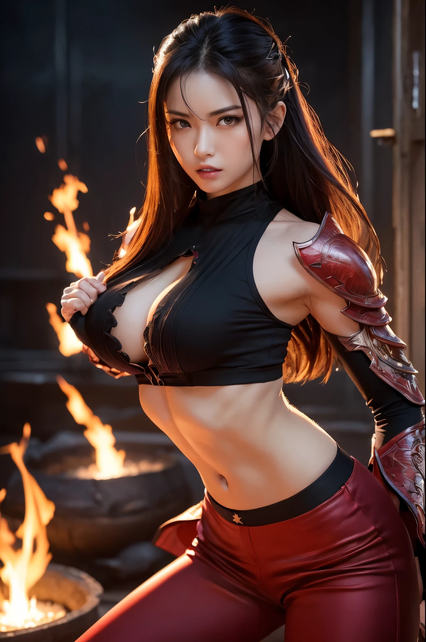 8k,Black light、Real Art、Slim and muscular macho manな女性、Super Beauty(Like the real thing)、Super strong muscles,Iris、Ultra high definition、One mature woman、Light brown mohawk、Mature Demon Slayer: Kimetsu no Yaiba: Kimetsu no Yaiba、anger,Sharp Eyes,非常にVery large breasts、Glowing Iris、Slim and muscular macho man、Lean and muscular lower body、Gorgeous Red Large Chest Chest Armor、Luxury black and red pants、Gorgeous red shoulder pads,Detailed light、Dynamic Angle、Depth of written boundary、(((((())))、Show me your fangs、(Super A)High resolution、Best image quality)、(8k、RAW Photos、Best image quality、masterpiece)、sense of technology、Best image quality、masterpiece、Awareness-raising、CG、Sense of unity、wallpaper、Official Art,Very delicate and beautiful、Attention to detail、Attention to detail、Clear focus、Rich background、(Real People、image)、((High resolutionの肌))、A large flame burning red from the body(Tone flame effect)(There are many big flames)Fantasy art、Shoulder muscles abdominal muscles、Arm Muscles,Ultra-Realistic Skin、Combat pose,Look at the viewers,Big Energy,Japanese,Dynamic action poses,Very large breasts,Super-sixed abs,On all fours,