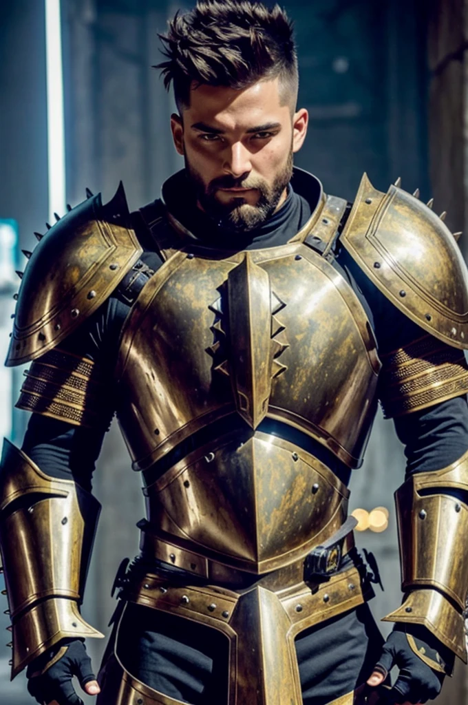 portrait photo of muscular bearded guy in a worn mech suit, surrounded by an electric atmosphere and illuminated with a green neon glow, chest lights, blinkenlights, (light bokeh)++, intricate, (steel metal (rust)-)+, elegant, sharp focus, photo by greg rutkowski, soft lighting, vibrant colors, (masterpiece)+, (streets)++, (detailed face)+, futuristic, hightech, scifi Strong man wearing black leggings, spiky mohawk hair, red-haired man, strong thin face, blue eyes, a close up of a woman in armor with a sword, stunning armor, wearing fantasy armor, very stylish fantasy armor, gold heavy armor. dramatic, beautiful armor, fantasy armor, black and gold armor, green gothic armor, wearing ornate armor, intricate armor costumes, female armor, ornate gothic armor, ornate , wearing louis vuitton armor, girl in knight armor 