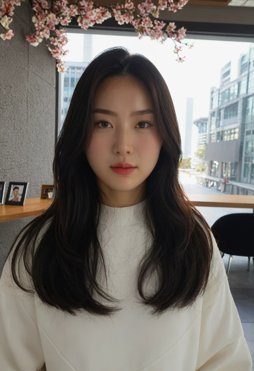 Best Quality, 8k, Masterpiece, (Portrait: 1.3), (photo realistic:1.4), (hyper realistic:1.4), Sharp Focus, looking at viewer, (smoother lighting:1.1), (increase cinematic lighting quality:0.9), realistic lighting, backlighting, light on face, ray trace, (brightening light:1.2), (Increase quality:1.4), sharp detail, (best quality real texture skin:1.4), finely detailed eyes, black_eyes, finely detailed face, 25 year old Korean woman