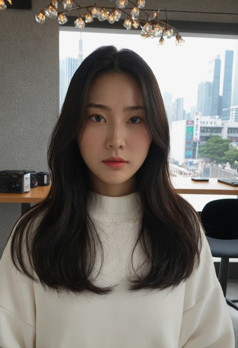 Best Quality, 8k, Masterpiece, (Portrait: 1.3), (photo realistic:1.4), (hyper realistic:1.4), Sharp Focus, looking at viewer, (smoother lighting:1.1), (increase cinematic lighting quality:0.9), realistic lighting, backlighting, light on face, ray trace, (brightening light:1.2), (Increase quality:1.4), sharp detail, (best quality real texture skin:1.4), finely detailed eyes, black_eyes, finely detailed face, 25 year old Korean woman