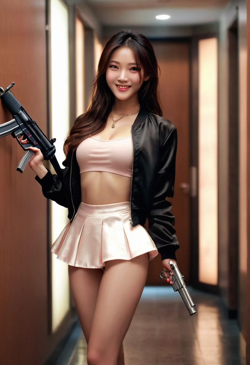 Half body photo, 1 beautiful Asian girl; coy smile, black satin bomber jacket with white sleeves; holding a full size MP5 gun in in her hands, m16 rifle black satin skirt,, long hair,wearing jewelry, natural makeup, extremely detailed eyes and face, lovely smile, delicate blush, sensuous lips, intricate facial details, perfect skin, flawless skin texture perfect, ; standing in a long hallway with many doors, evening lighting, vivid colors, , subtle , dreamy, luxurious atmosphere, low lighting; Super high quality, surreal, 8K, high resolution, masterpiece, detailed, extremely magical, professional cinematic lighting, , vibrant colors; Fine brushstrokes,ethereal vibe,mesmerizing gaze,dreamy atmosphere,blending elegance,subtle color gradients,,understated beauty. In the background several men lay unconscious on the hallway floor