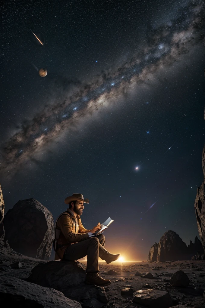 Draw a young programmer., sitting on a research platform floating in the middle of an asteroid belt. He is studying with a notebook., surrounded by several asteroids that shine with fiery auras. Spectacular illumination of distant stars and planets illuminates the scene., casting deep shadows on the suit. The young man seems confident and determined., looking at the vast and mysterious universe with awe and respect,facial hair, cowboy shot,