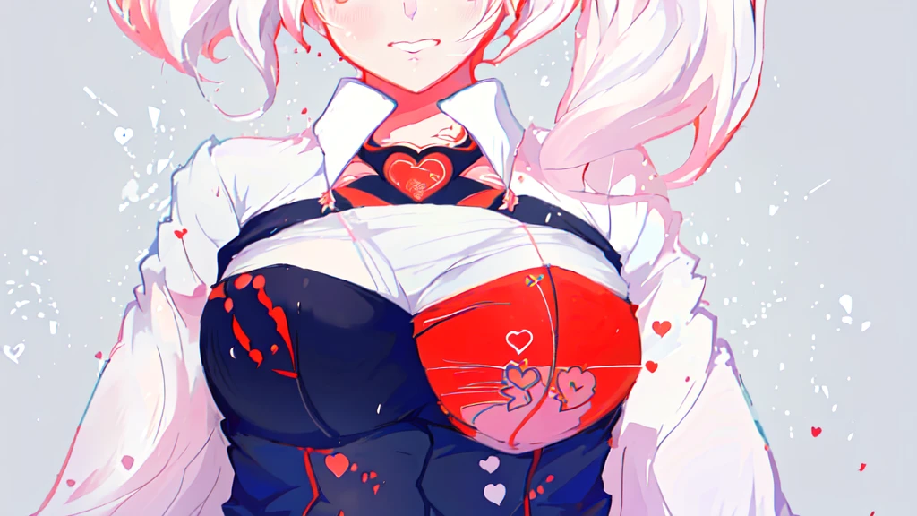 anime girl with white hair and a red heart on her chest, yandere. tall, junko enoshima from danganronpa, gapmoe yandere, yandere, digital art from danganronpa, yandere intricate, [[[[grinning evily]]]], attractive matoi ryuko, kantai collection style, heart emblem on chest