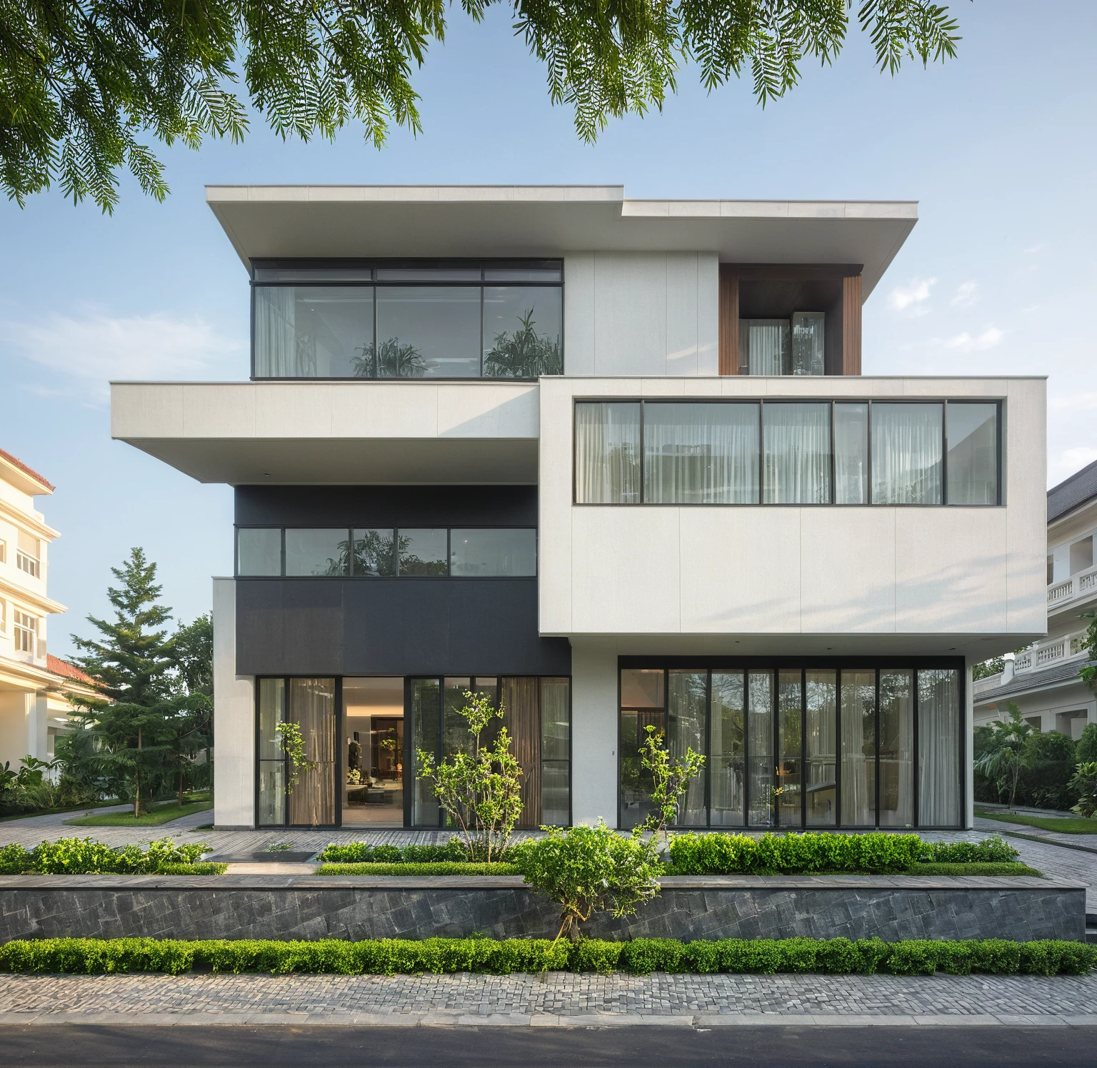 modern villa on street, (daylight), tropical tree, green shrub and plants, vivid color, streetcapes, minimalist design, brigth grey tone, (large glass door:1.2), warm interior lighting, modern material, best quality, ultra realistic, masterpiece,