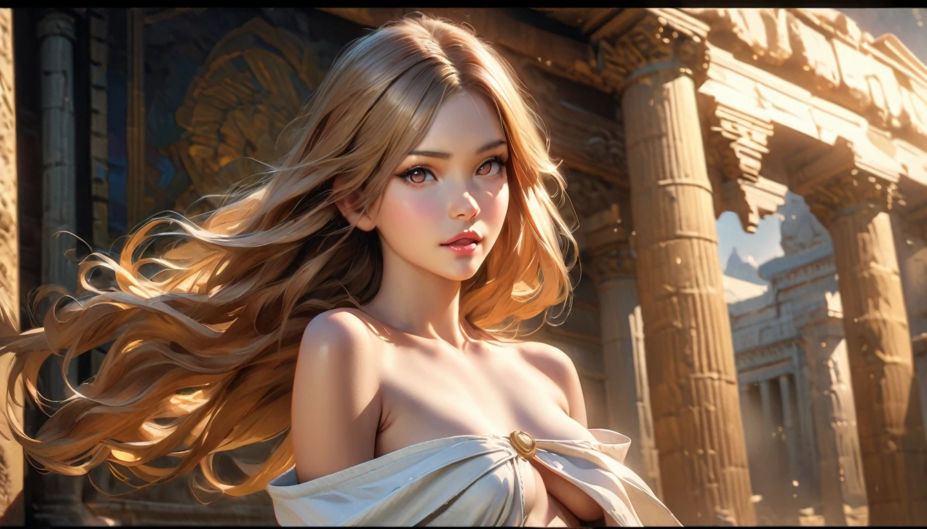 masterpiece, Best quality, 1 girl,photo, Studio photography, (Best quality,4K,8 K,a high resolution,masterpiece:1.2), ultra detailed, (realistic,photorealistic,photo-realistic:1.37), portraits, HDR, Greek mythology, beautiful portrait of the goddess Venus, perfect DNA, detailed eyes, detailed lips, stunning beauty, flowing golden hair, nude, perfect body, perfect nude, graceful pose, charming look, bright colors, soft lighting.(Nsfv:1.4) ancient greek deity, looks directly into the camera lens, flowing hair cascades over her shoulders, off shoulder outfit, emphasizing her grace, bright colors, ancient temples and marble columns are softly blurred in the background, the evening Mediterranean light casts a warm glow on her porcelain skin., High-resolution image, digital painting, Spiritual peace, golden ratio composition, cowboy shot, brilliant, brilliant hair, (night:1.2),Dreamy, [[gentle fingers and hands:0.55]::0.85],(detailed fingers),),(emotional),(breathtaking),(main part:1.2) whole body.), (Anime Style), (Super Detailed), (brutal), (uhd, HDR), (8k), (High Resolution: 1.2), (Complex and Beautiful: 1.2)