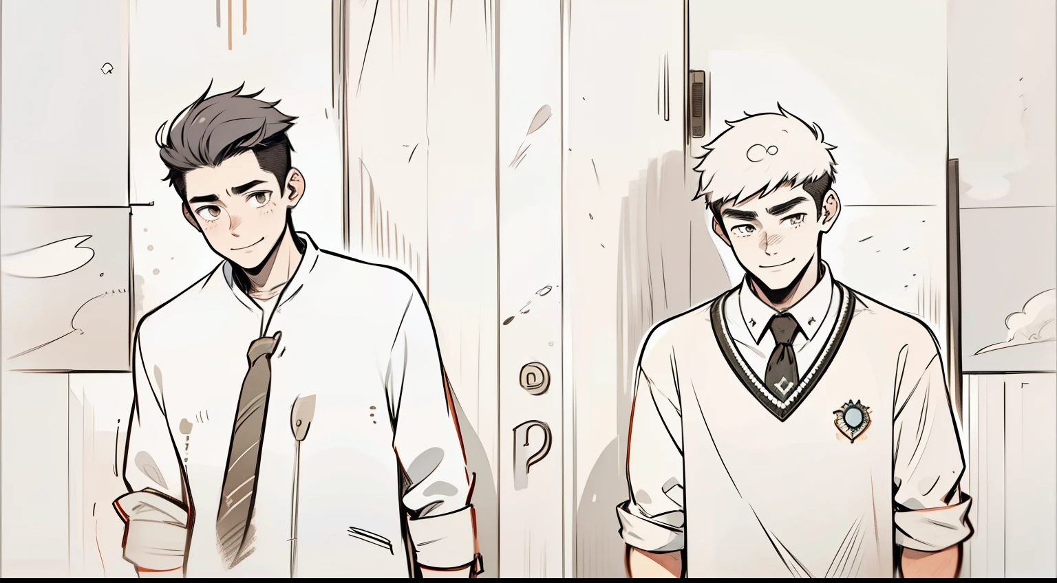 There are two 14-year-old boys, one of them smiles nervously, the other looks at him with pity and affection.