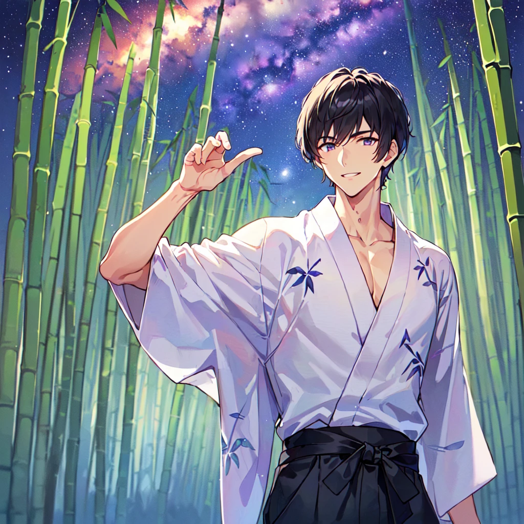 masterpiece,best quality,high quality,(1 male austere handsome solo adult age 30:1.5), purple eyes, cool with drooping eyes, V-shaped eyebrows, body strong and fearless 8.5 head tall, height 185cm, (well-groomed short black hair down to neck:1.4), (bangs 7 thirds parted:1.4), slender nose, facial muscles, throat, (Japanese print summer yukata with short sleeves and pants:1.3), (stylish pose), (cool smile:1.3), (bamboo forest in background:1.3), (Milky Way Night Sky: 1.3), (upper body:1.3)