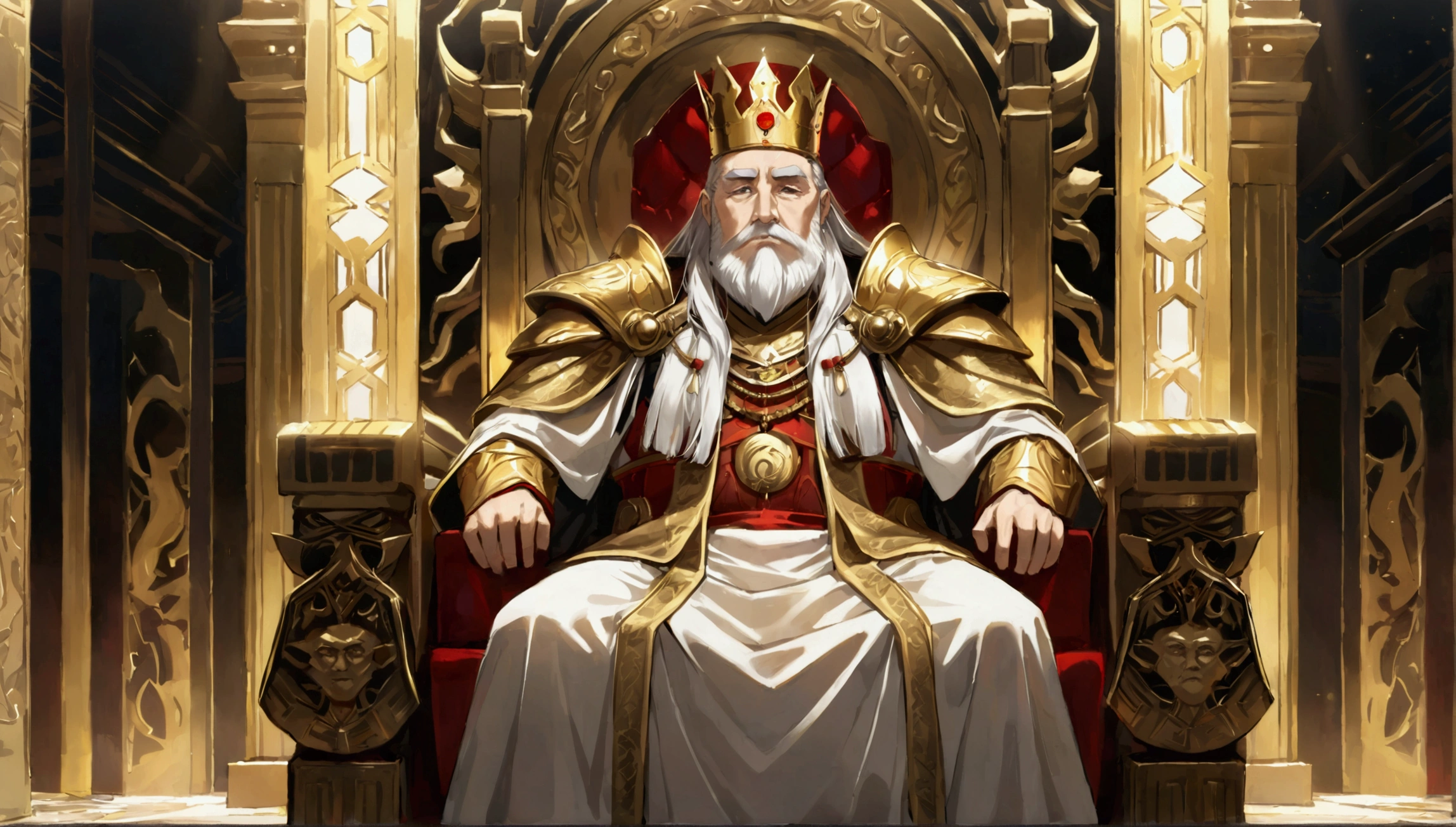 Two people, (an old emperor named John, tall, square face, long silver hair, wearing a golden crown, thick eyebrows, long white beard, pale complexion, wearing gorgeous golden robes, embroidered with dragon patterns), (another A young general named John Ken, with a burly build, long face, short blond hair, thick eyebrows, short beard, healthy bronze color, wearing red armor with a sun symbol and a golden sword at his waist), John Sitting majestically on the shining golden throne, Ken stood in front of the throne, and there was an atmosphere of respect and loyalty between the two.