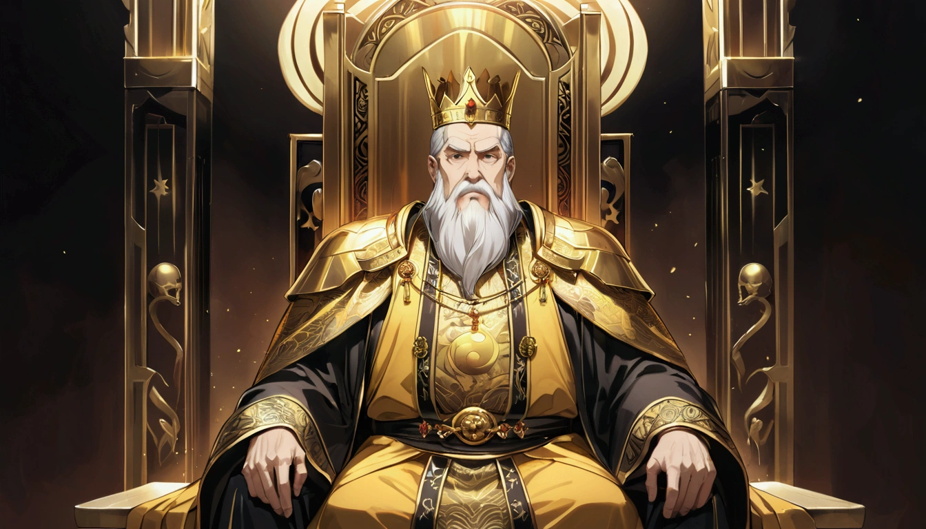 Two people, (an old emperor named John, tall, square face, long silver hair, wearing a golden crown, thick eyebrows, long white beard, pale complexion, wearing gorgeous golden robes, embroidered with dragon patterns), (another A young general named John Ken, with a burly build, long face, short blond hair, thick eyebrows, short beard, healthy bronze color, wearing red armor with a sun symbol and a golden sword at his waist), John Sitting majestically on the shining golden throne, Ken stood in front of the throne, and there was an atmosphere of respect and loyalty between the two.