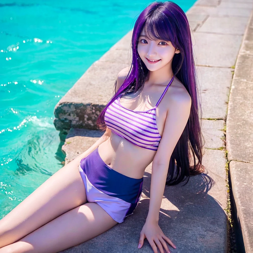 Ai Hoshino, long-haired, purple hair, stripes, purple eyes, star-shaped eyes, hair ornament, smiling, blue sky, bikini, skirt, sandals, close-up portrait of woman in sea, wet skin, white top and blue shorts, slim girl model photo, gorgeous young korean woman, slim girl photo, hot with shining sun, beautiful korean woman, sexy belly sultry body, korean girl, beautiful young korean woman, Korean Female Fashion Model, Perfect Body, 2 4 Year Old Female Model, Sexy Hot Body