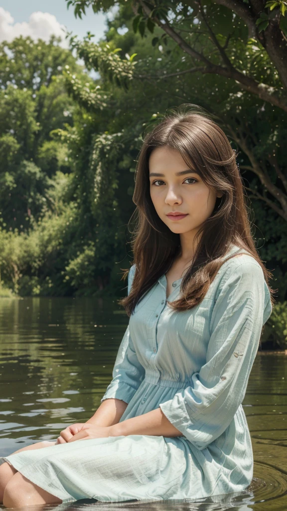 A girl sitting by the lake, enjoying the peaceful scenery. [illustration], (best quality, highres, realistic:1.37) vibrant colors, soft lighting, detailed facial features, calm expression, flowing dress, gentle breeze, serene atmosphere, clear reflections, greenery, sparkling water, pleasant ambiance