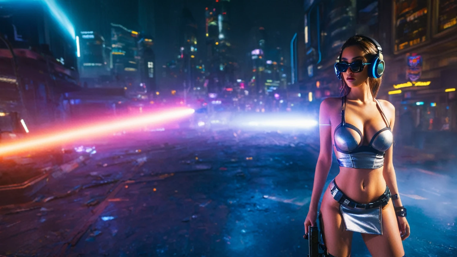 dark futuristic landscape, at night, neon lights, Atmospheric fog, large buildings in the background, futuristic city, streets with open shops, skyscraper (postapocalyptic city:1.3). (((1girl, solo, alone))), large-breast:1.2 slim body, cleavage:1.1, sexy miniskirt, (((headphone, black sunglasses, standing and holding pistol pose))), (((half-body thigh level medium shot))), cinematic lighting, lens flare, ray tracing.