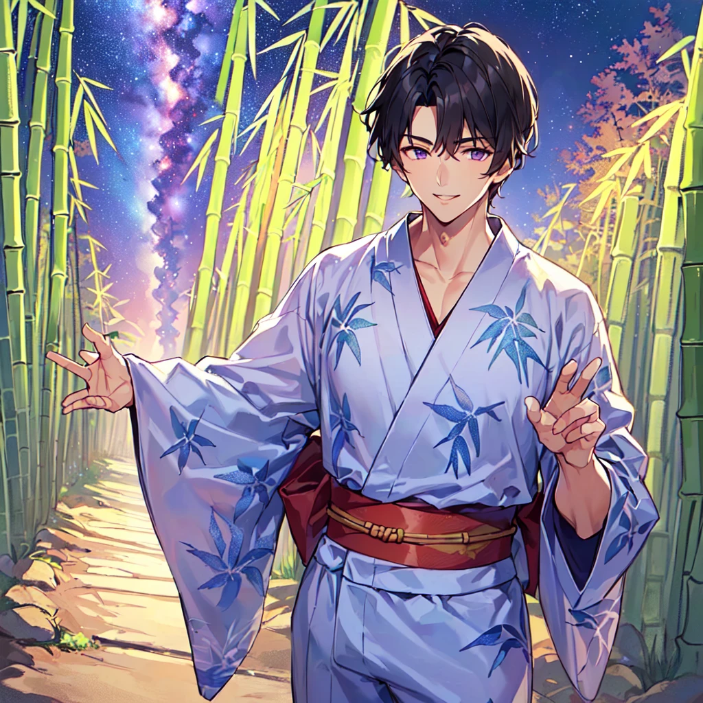 masterpiece,best quality,high quality,(1 male austere handsome solo adult age 30:1.5), purple eyes, cool with drooping eyes, V-shaped eyebrows, body strong and fearless 8.5 head tall, height 185cm, (well-groomed short black hair down to neck:1.4), (bangs 7 thirds parted:1.4), slender nose, facial muscles, throat, (Japanese print summer yukata with short sleeves and pants:1.3), (stylish pose), (cool smile:1.3), (bamboo forest in background:1.3), (Milky Way Night Sky: 1.3)