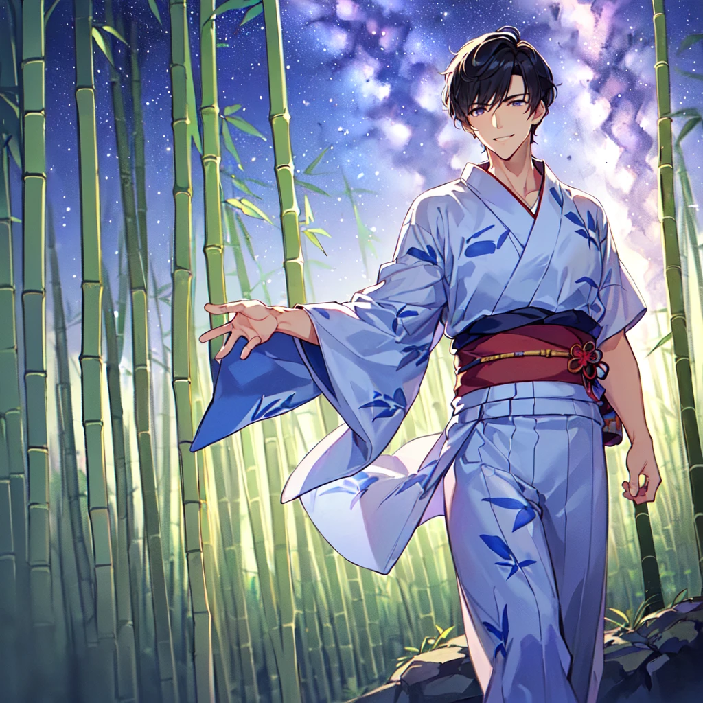 masterpiece,best quality,high quality,(1 male austere handsome solo adult age 30:1.5), purple eyes, cool with drooping eyes, V-shaped eyebrows, body strong and fearless 8.5 head tall, height 185cm, (well-groomed short black hair down to neck:1.4), (bangs 7 thirds parted:1.4), slender nose, facial muscles, throat, (Japanese print summer yukata with short sleeves and pants:1.3), (stylish pose), (cool smile:1.3), (bamboo forest in background:1.3), (Milky Way Night Sky: 1.3)