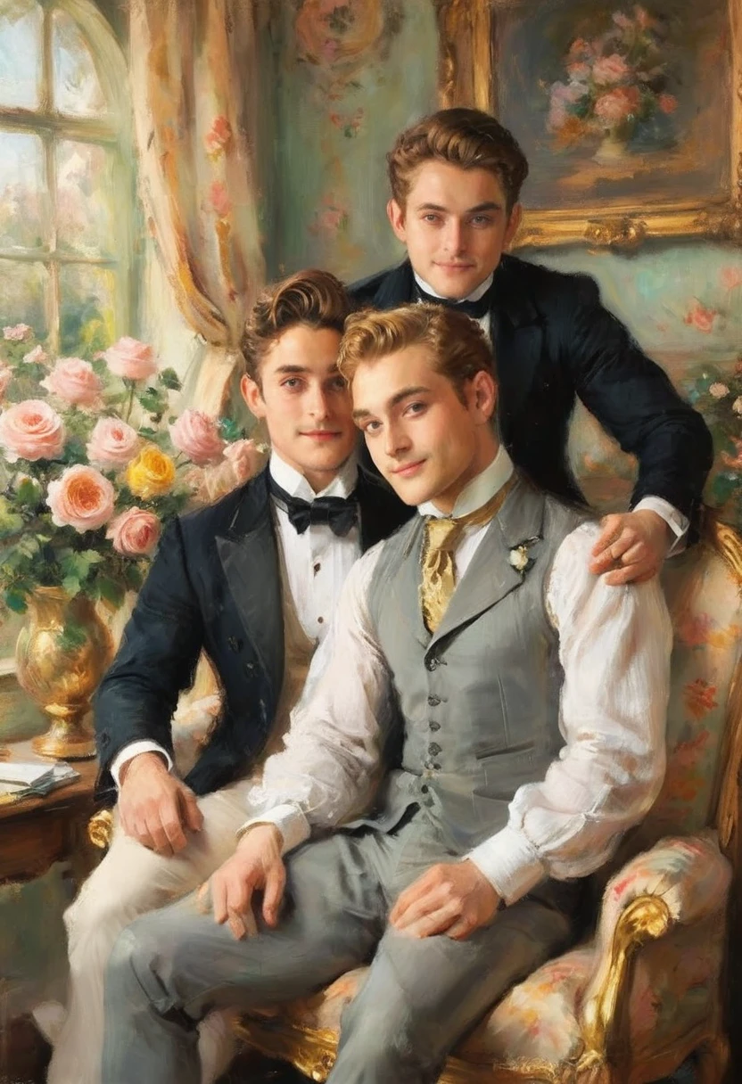 oil painting of handsome gay couple of hunk irish mens with a wedding suits,cuddling,in a beautiful rose swing,morning bright, warm vibrant,by beatrix potter,soft shadows,dreamy,etheral atmosphere,masterpiece,baroque,masterpiece,sharp details,massive level of details,trending on pinterest,
