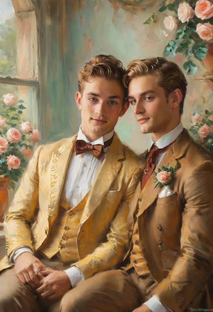 oil painting of handsome gay couple of hunk irish mens with a wedding suits,cuddling,in a beautiful rose swing,morning bright, warm vibrant,by beatrix potter,soft shadows,dreamy,etheral atmosphere,masterpiece,baroque,masterpiece,sharp details,massive level of details,trending on pinterest,
