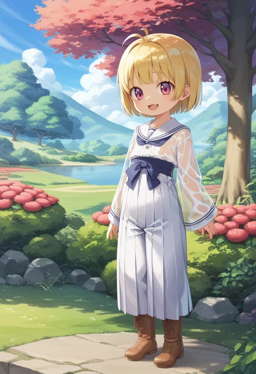 score_9, score_7_up, score_6_up, 1girl, source_cartoon, source_anime,breathtalking Scenery,watercolor,smooth soft skin, natural skin,rating_safe,bfg,mjm
BREAK
(little female child:1.8), (:1.8), 4 yeoli toddler:1.lat chest,baby face,oily skin, ultra cute face, happy smile,beautiful eyes, detailed eyes, puffy eyes,
BREAK
(short blond hair:1.6) messy hair,(fang:1.1), (pink eyes:1.1), highlight on eyes, antenna hair,double tooth,(blond hair:1.1),
BREAK
(long-sleeved kimono inspired white sailor uniform:1.1),(burberry check patterned hakama:1.5),wear a transparent material excessive long-sleeves over a white sailor uniform,(transparent material cape:1.2),(long hem coral brack hakama:1.5),sash,head band,(Leather boots:1.3),
BREAK
kawaii,outdoors,flowergarden,flowerbackground,