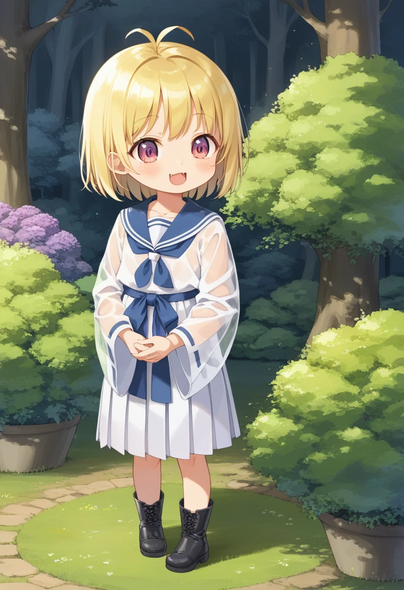 score_9, score_7_up, score_6_up, 1girl, source_cartoon, source_anime,breathtalking Scenery,watercolor,smooth soft skin, natural skin,rating_safe,bfg,mjm
BREAK
(little female child:1.8), (loli:1.8), 4 years old, (loli toddler:1.1),flat chest,baby face,oily skin, ultra cute face, happy smile,beautiful eyes, detailed eyes, puffy eyes,
BREAK
(short blond hair:1.6) messy hair,(fang:1.1), (pink eyes:1.1), highlight on eyes, antenna hair,double tooth,(blond hair:1.1),
BREAK
(long-sleeved kimono inspired white sailor uniform:1.1),(burberry check patterned hakama:1.5),wear a transparent material excessive long-sleeves over a white sailor uniform,(transparent material cape:1.2),(long hem coral brack hakama:1.5),sash,head band,(Leather boots:1.3),
BREAK
kawaii,outdoors,flowergarden,flowerbackground,