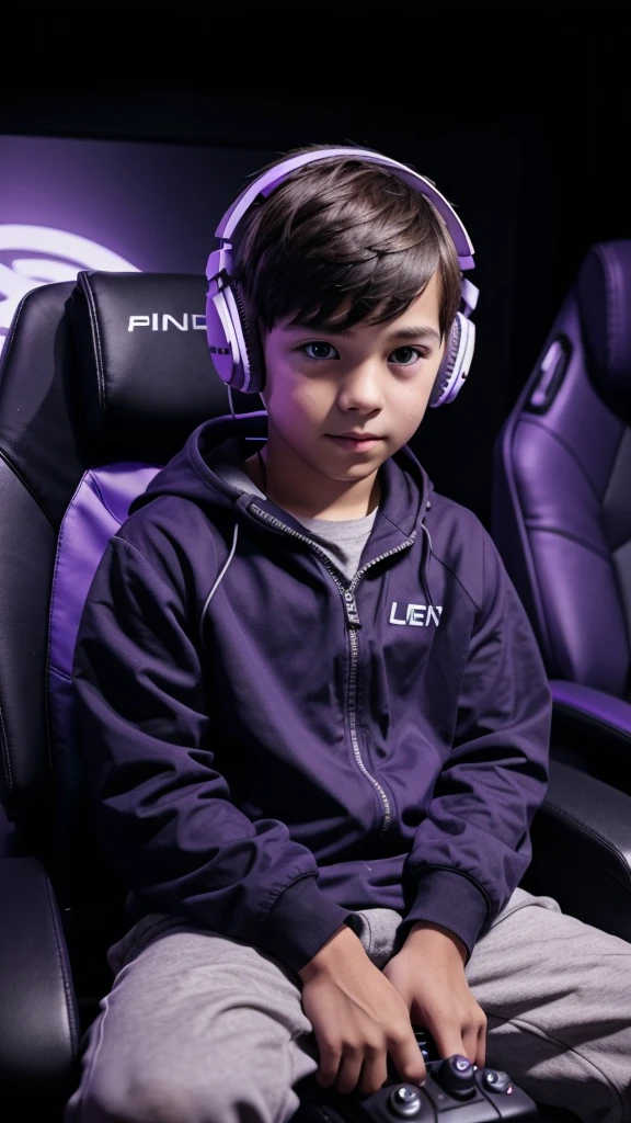 Boy wearing headphones in front of the face playing video games sitting in a gaming chair, dark background with purple details