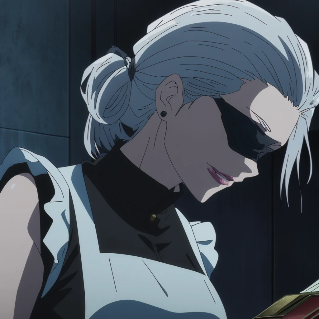1girl, female gojo satoru, anime screencap from jujutsu kaisen, gojo satoru female version, solo, long_hair, ((wearing black blindfold)) ((white_hair, hair tied back)), night view, (hanging breasts) upper_body, smile, indoors, book, lips, (long hair,hair tied back) ((wearing maid costume)) breast, "very detailed and high resolution" (black blindfold) ((solo)) (((front view))) (earings) ((high resolution)) ((good quality)) ((silky hair))