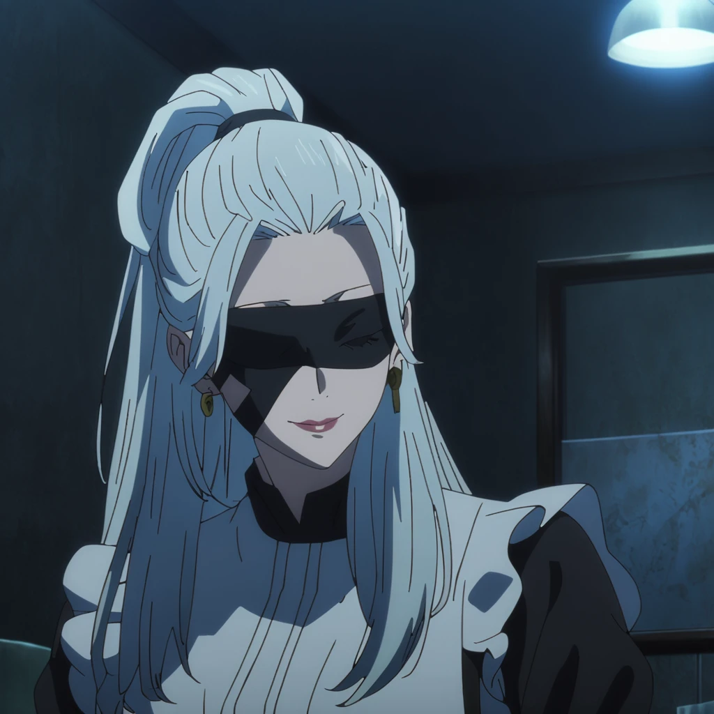 1girl, female gojo satoru, anime screencap from jujutsu kaisen, gojo satoru female version, solo, long_hair, ((wearing black blindfold)) ((white_hair, hair tied back)), night view, (hanging breasts) upper_body, smile, indoors, book, lips, (long hair,hair tied back) ((wearing maid costume)) breast, "very detailed and high resolution" (black blindfold) ((solo)) (((front view))) (earings) ((high resolution)) ((good quality)) ((silky hair))