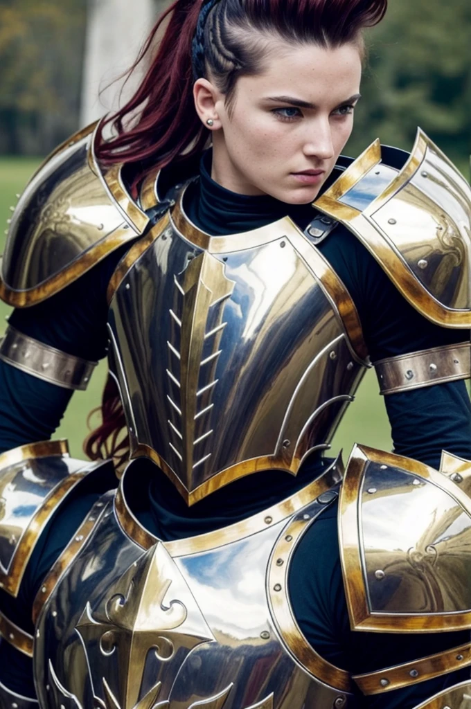 Strong man wearing black leggings, spiky mohawk hair, red-haired man, strong thin face, blue eyes, a close up of a woman in armor with a sword, stunning armor, wearing fantasy armor, very stylish fantasy armor, gold heavy armor. dramatic, beautiful armor, fantasy armor, black and gold armor, green gothic armor, wearing ornate armor, intricate armor costumes, female armor, ornate gothic armor, ornate , wearing louis vuitton armor, girl in knight armor
