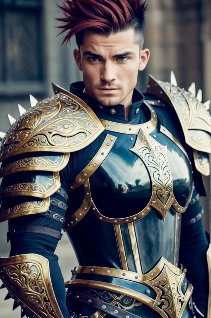 Strong man wearing black leggings, spiky mohawk hair, red-haired man, strong thin face, blue eyes, a close up of a woman in armor with a sword, stunning armor, wearing fantasy armor, very stylish fantasy armor, gold heavy armor. dramatic, beautiful armor, fantasy armor, black and gold armor, green gothic armor, wearing ornate armor, intricate armor costumes, female armor, ornate gothic armor, ornate , wearing louis vuitton armor, girl in knight armor 