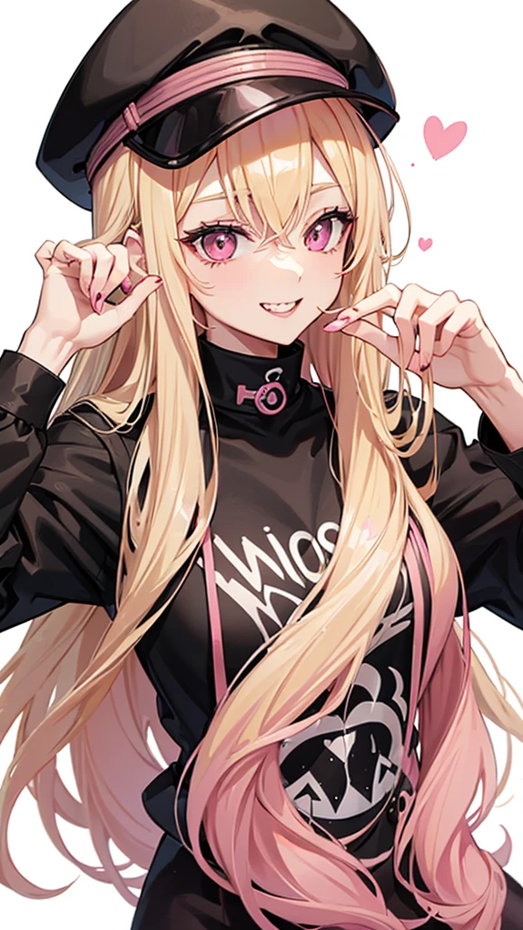 (((Adult woman))), long blonde hair, (Pink eyes), hiphop clothes, black cap, smile, lollipop in mouth