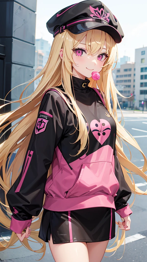 (((Adult woman))), long blonde hair, (Pink eyes), hiphop clothes, black cap, smile, lollipop in mouth
