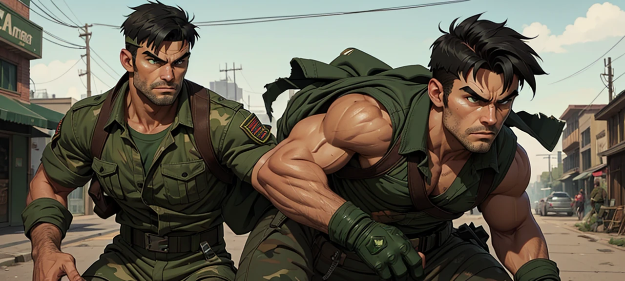 Man in a worn, torn green military camouflage, full height, Street Fighter, Mild unshaven, grinders with iron toes, detailed face. He wears army badges. Black hair. Ian Somerhalder
