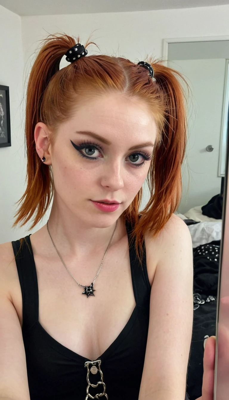 , ginger girl, goth style, punk rock make up, ponytail, iphone mirror selfie, sfw