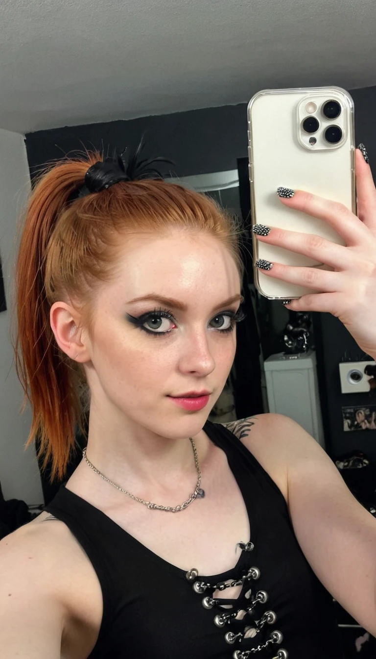 ************, ginger girl, goth style, punk rock make up, ponytail, iphone mirror selfie, sfw