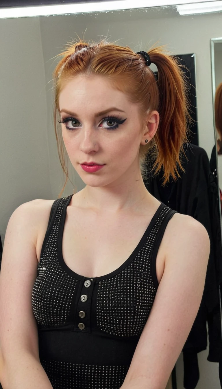 ************, ginger girl, goth style, punk rock make up, ponytail, iphone mirror selfie, sfw