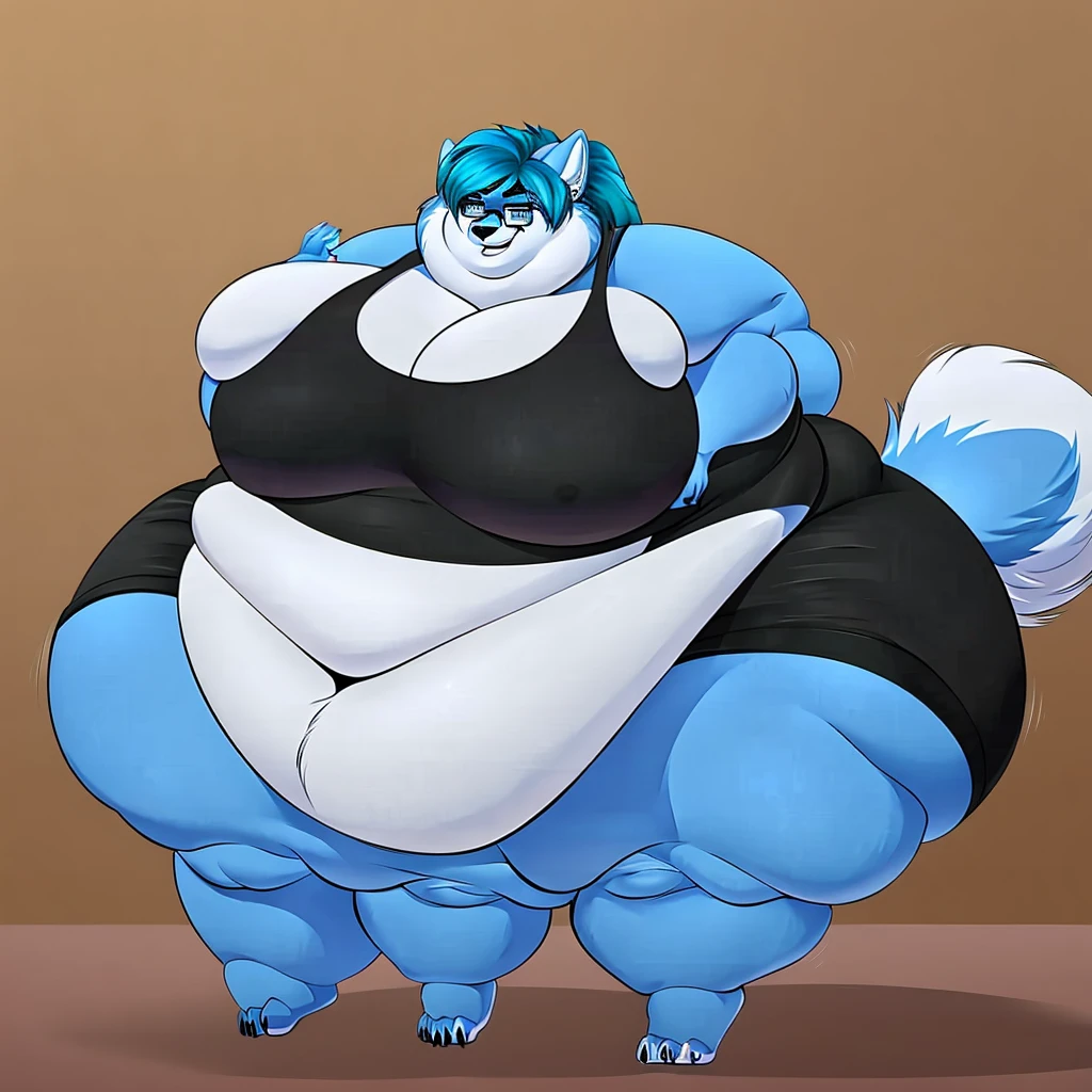 Malamute, female, long blue hair, black and blue body,huge breasts, huge hips, huge thighs, plump, voluptuous, morbidly obese, gorgeous, beautiful, eyelashes, black tank top, black skirt,fat arms, fat legs, belly rolls, fat rolls, hip fat rolls, double chin, chubby cheeks ,cyan hair,cyan fur, cyan eyes,pear-shapped figured, plantigrade, glasses 