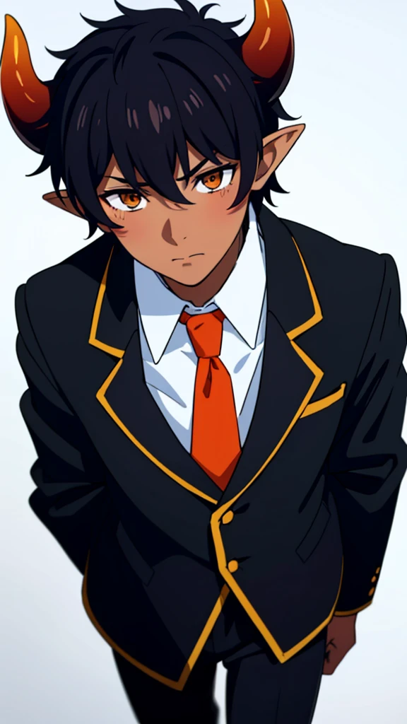 (1boy,18 years old,solo),((dark skin)),short hair,hair between eyes,black hair,elf ears,(horns),orange eyes,(no background, simple background),red necktie,black jacket, blazer,long sleeves,pant,walking,(from above),shy,blush