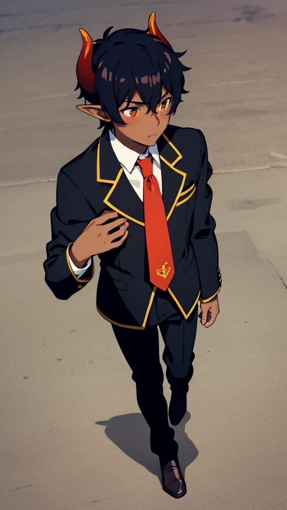 (1boy,18 years old,solo),((dark skin)),short hair,hair between eyes,black hair,elf ears,(horns),orange eyes,(no background, simple background),red necktie,black jacket, blazer,long sleeves,pant,walking,(from above),shy,blush