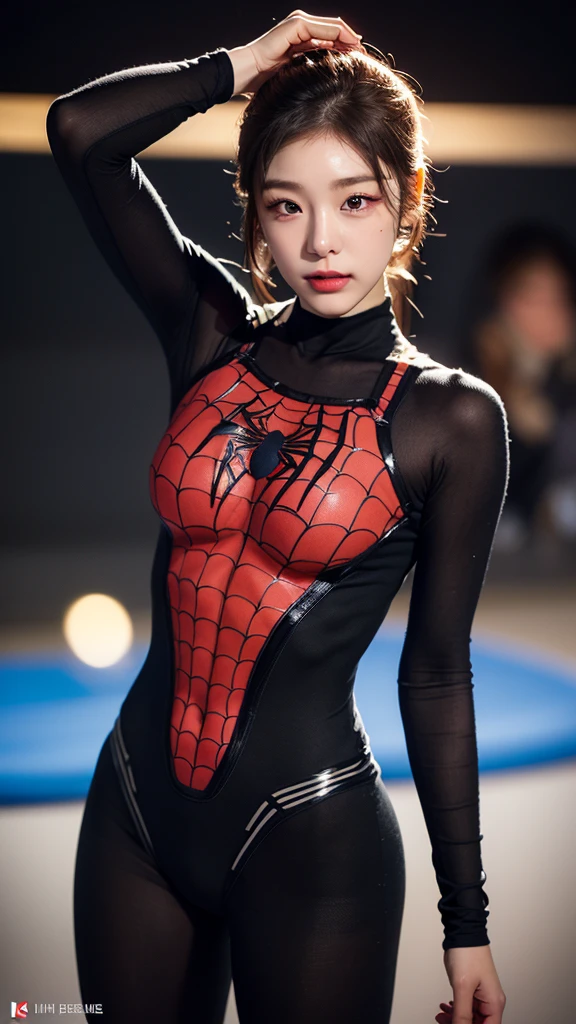 tmasterpiece,1 Korean girl，realisticlying，8K  UHD，high high quality，in the background bokeh, spider-man black suit，Spidey，Clothes wrap around the whole body，Tight clothing，Abs contour，Short black hair，s the perfect face，shining face，Ultra-clear face，Elaborate Eyes，idoly